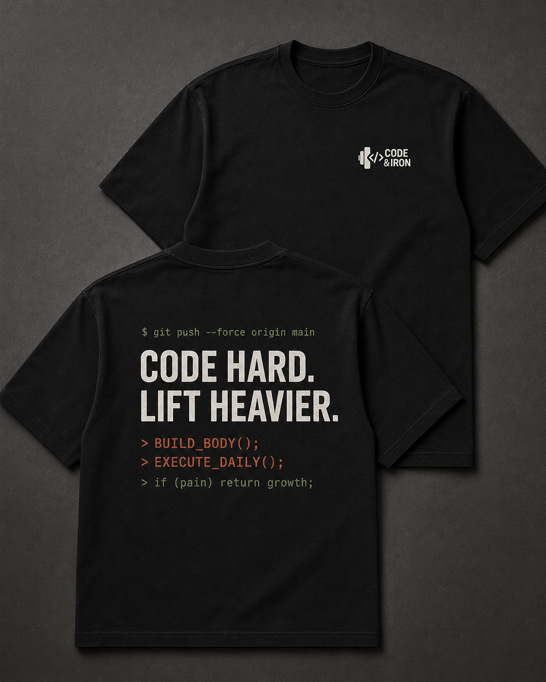 Mockup da camiseta preta oversized CODE & IRON, frente e costas com estampa do Drop 01