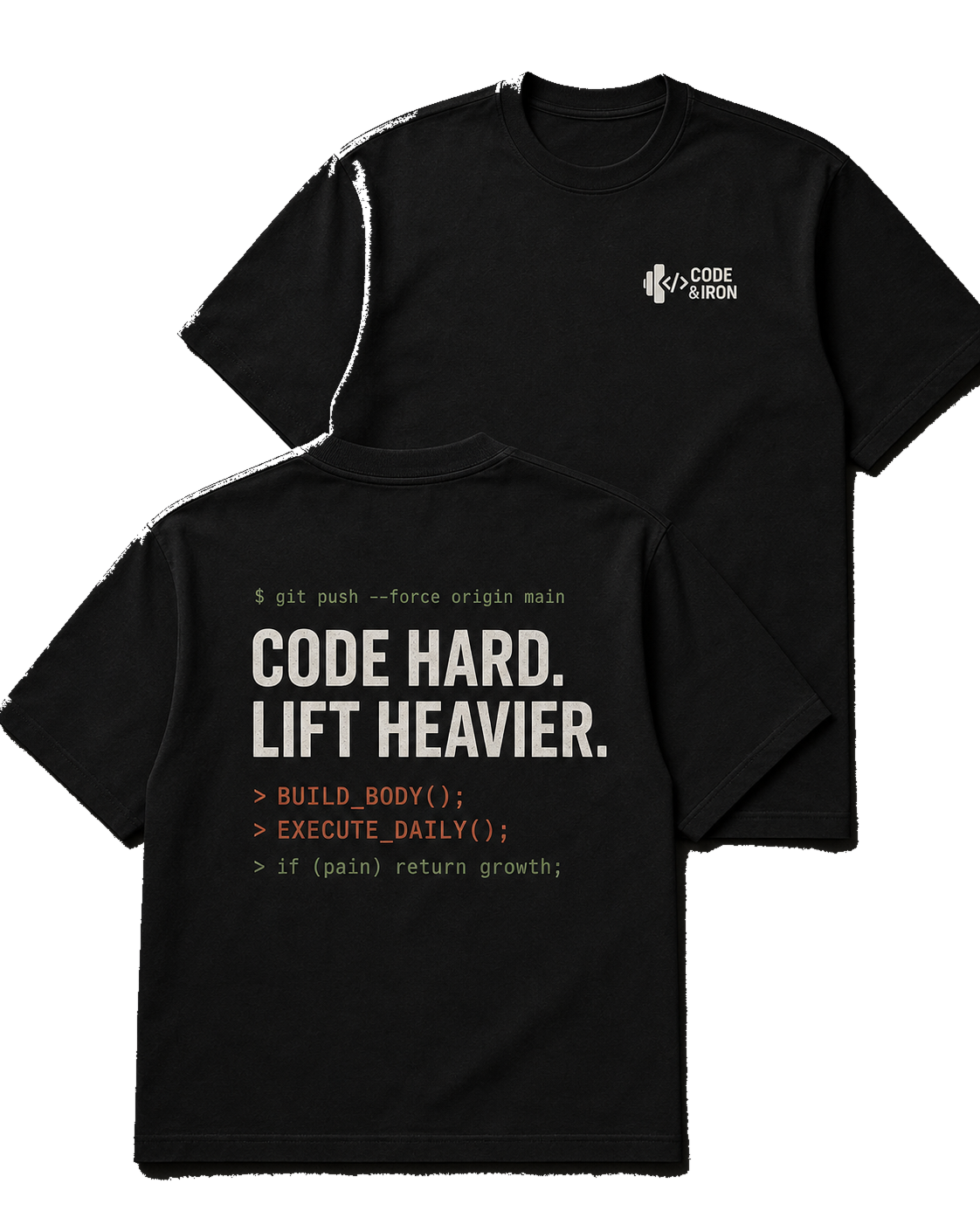 Mockup da camiseta preta oversized CODE & IRON, frente e costas com estampa do Drop 01